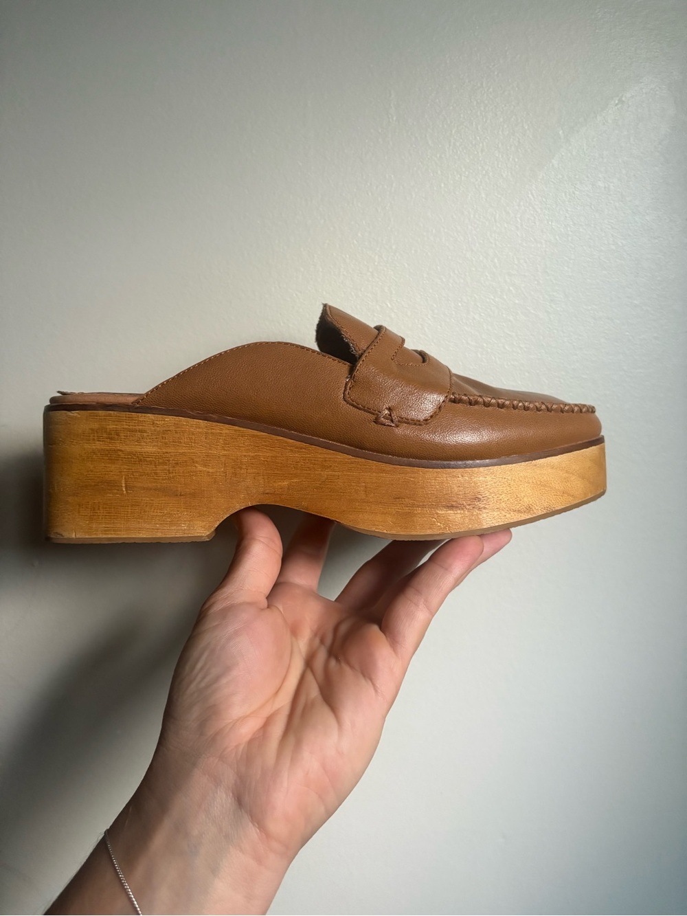 Kelsi Dagger Tan Leather wood Platform Mule Clog - Picture 4 of 5